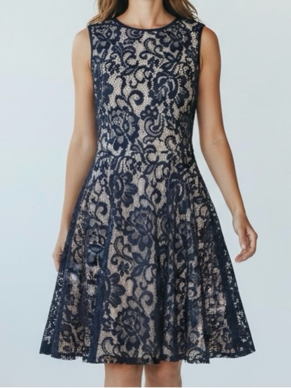 Betsy & Adam Lace Dress  Size 12 Navy Fit & Flare Sleeveless V Back